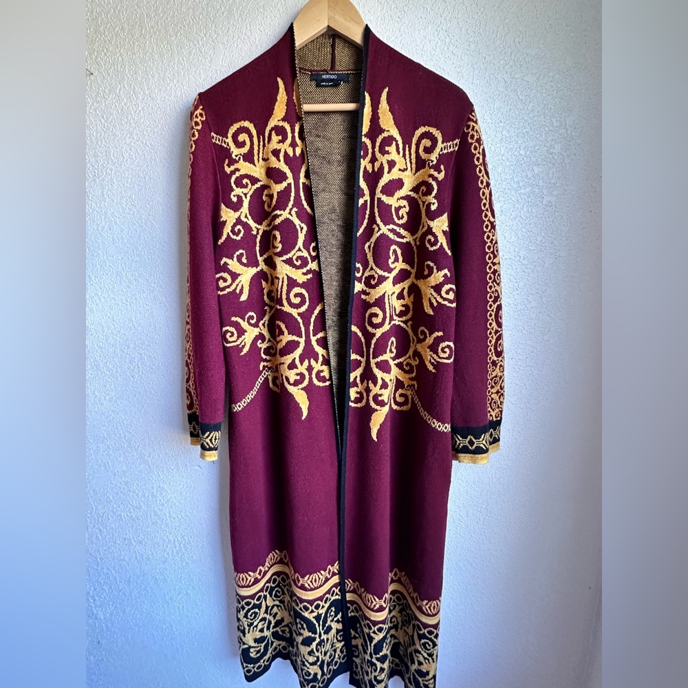 Vertigo Womens Full Length Maxi Cardigan Royal Design Paisley Red Black Gold L